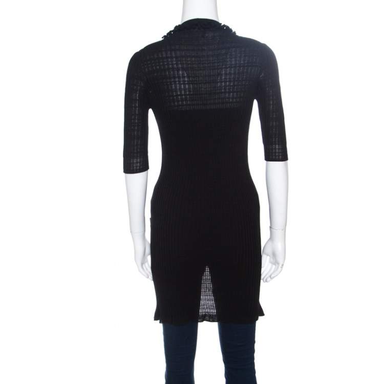 Pre Owned Chanel Black Rib Knit Ruffle Trim Long Cardigan S