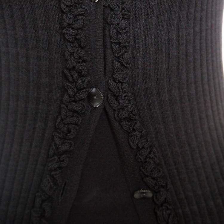 Pre Owned Chanel Black Rib Knit Ruffle Trim Long Cardigan S