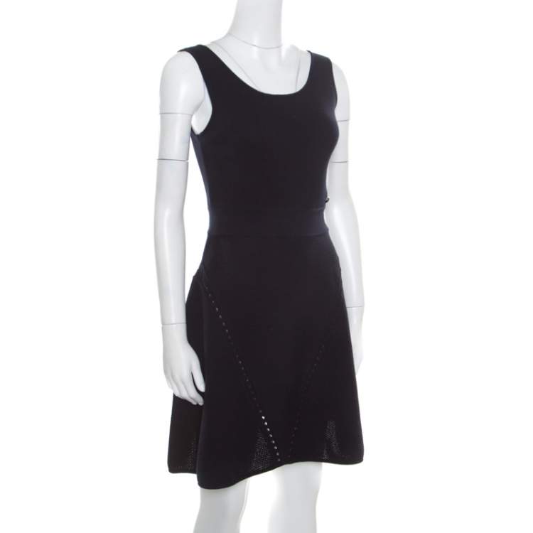 Pre Owned Chanel Navy Blue Ribbed Knit Sleeveless Flared Dress S
