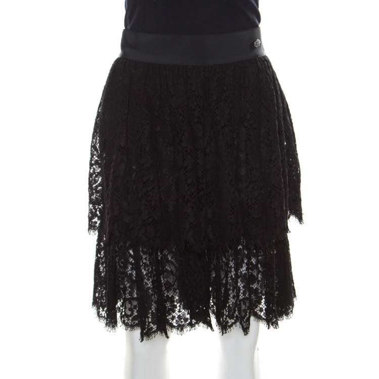 Pre Owned Chanel Black Floral Cotton Lace Silk Lined Layered Culottes S
