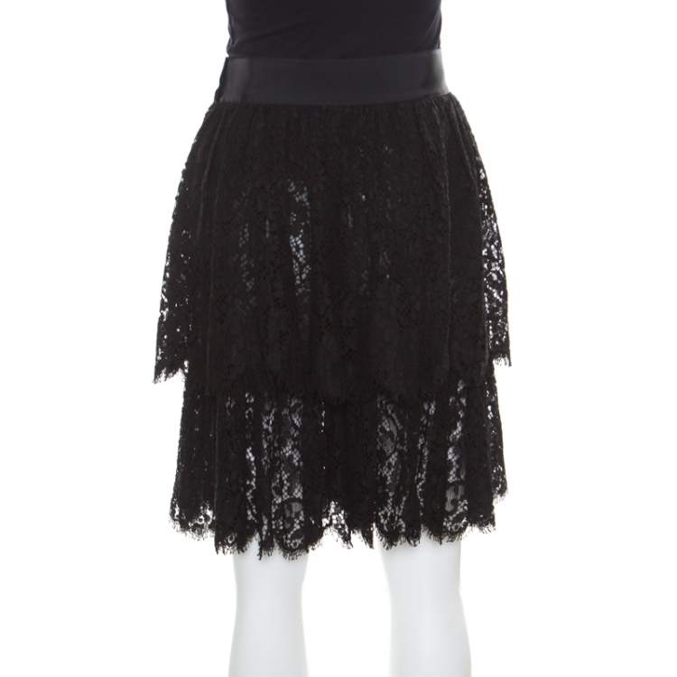 Pre Owned Chanel Black Floral Cotton Lace Silk Lined Layered Culottes S