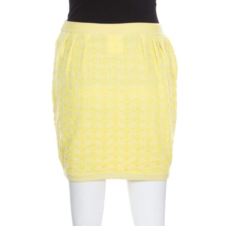 Pre Owned Chanel Yellow Textured Cotton Jacquard Knit Mini Skirt S