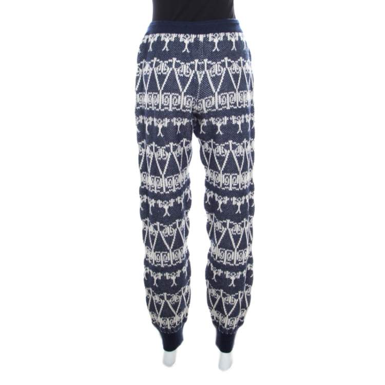 Pre Owned Chanel Navy Blue and White Cashmere Chunky Jacquard Knit Jogger Pants S