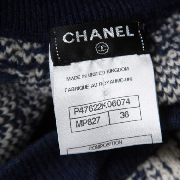 Pre Owned Chanel Navy Blue and White Cashmere Chunky Jacquard Knit Jogger Pants S