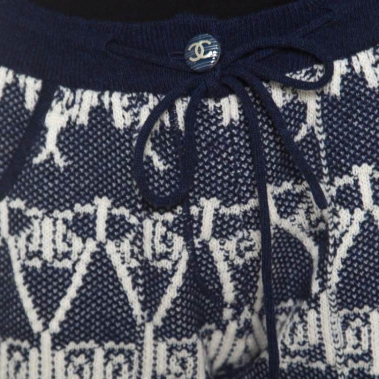 Pre Owned Chanel Navy Blue and White Cashmere Chunky Jacquard Knit Jogger Pants S