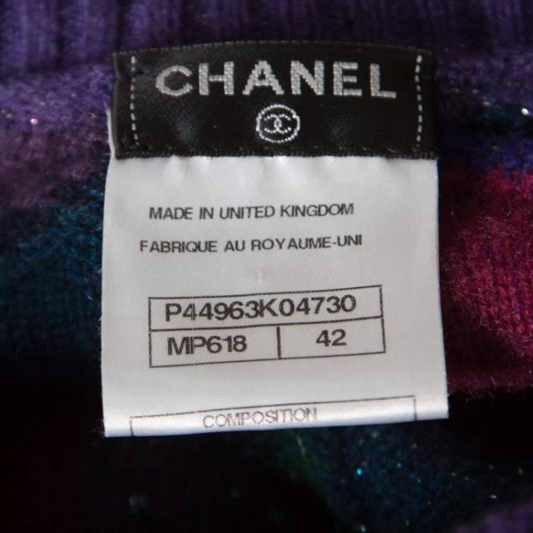 Pre Owned Chanel Purple Lurex Knit Cashmere Embellished Button Cardigan L