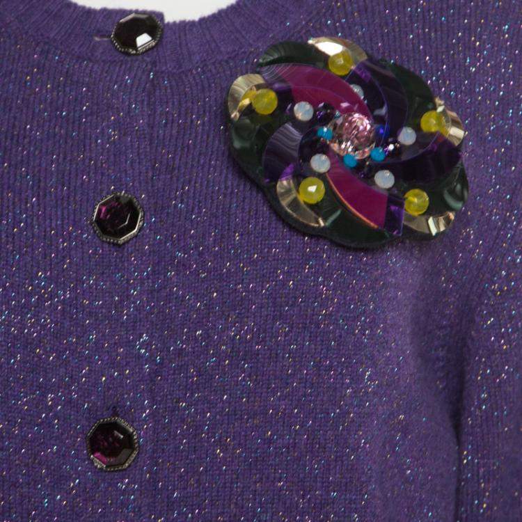 Pre Owned Chanel Purple Lurex Knit Cashmere Embellished Button Cardigan L