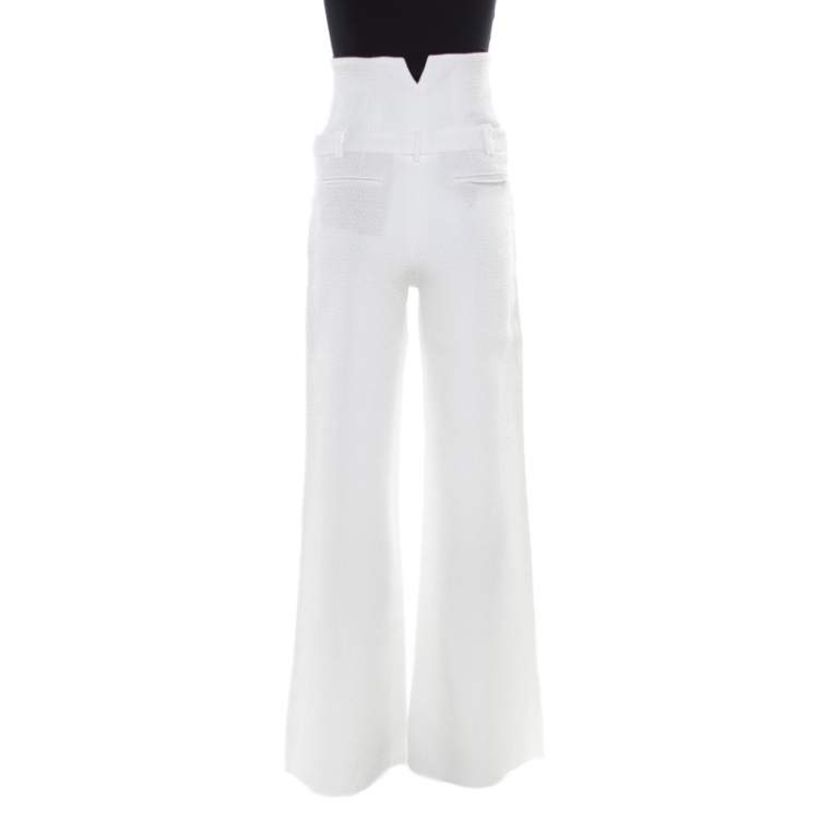 Pre Owned Chanel White Textured Cotton High Waisted Wide Leg Trousers S