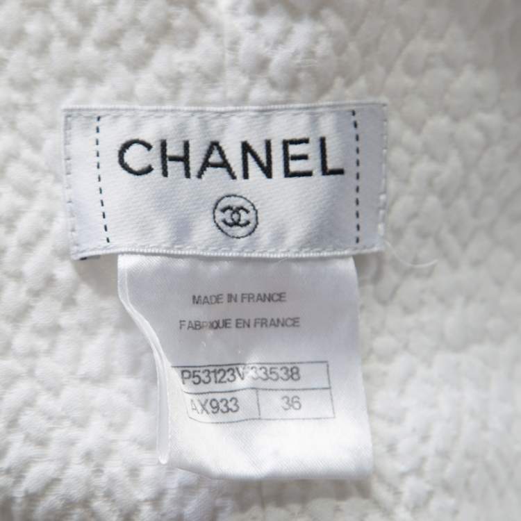 Pre Owned Chanel White Textured Cotton High Waisted Wide Leg Trousers S