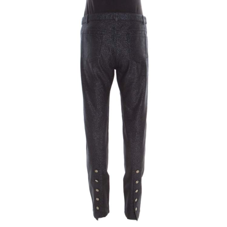 Pre Owned Chanel Black Glitter Denim Logo Button Detail Tapered Jeans M