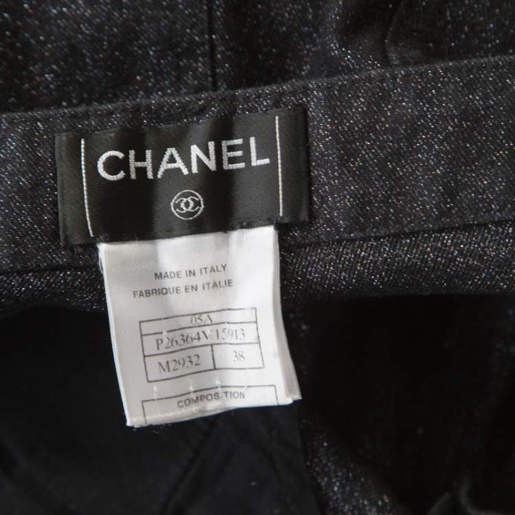Pre Owned Chanel Black Glitter Denim Logo Button Detail Tapered Jeans M