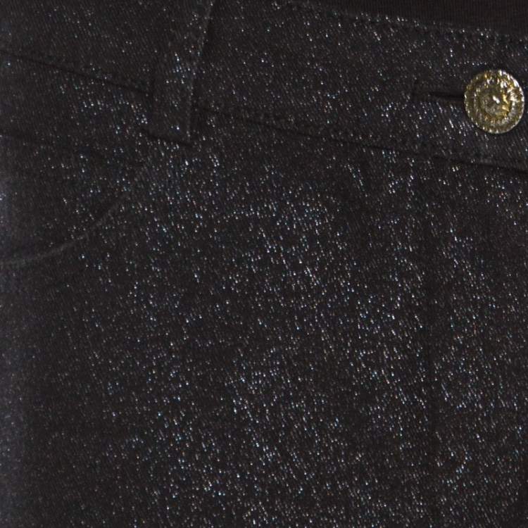 Pre Owned Chanel Black Glitter Denim Logo Button Detail Tapered Jeans M