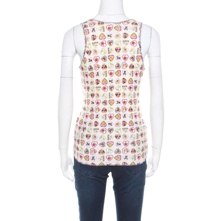 Pre Owned Chanel Pink Heart Printed Ribbed Tank Top M