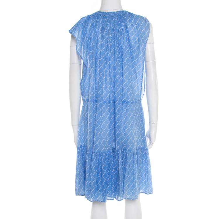 Pre Owned Chanel Blue Printed Cotton Shoulder Tie Detail Dress M