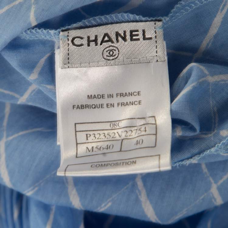 Pre Owned Chanel Blue Printed Cotton Shoulder Tie Detail Dress M