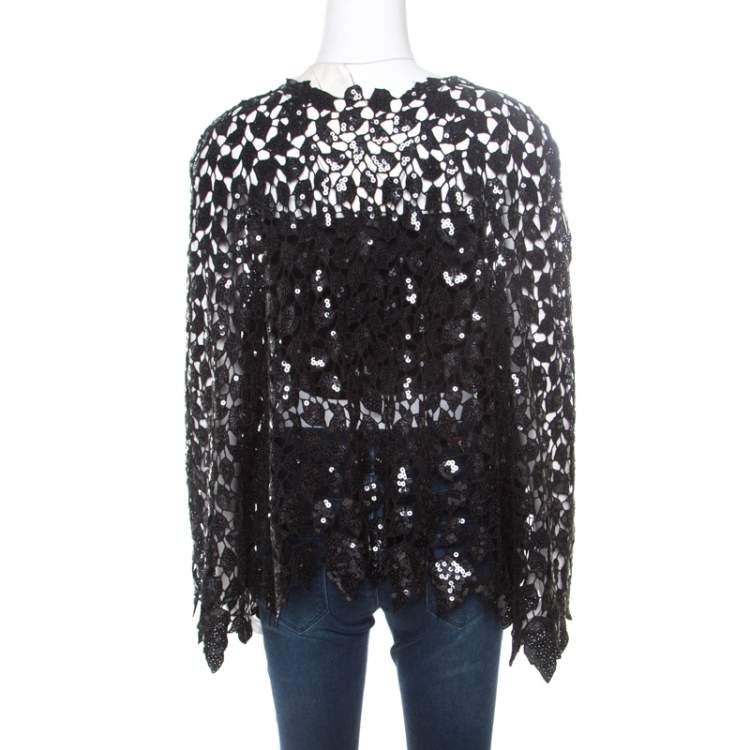 Pre Owned Chanel Black Sequined Cutout Guipure Lace Oversized Jacket M
