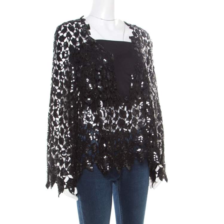 Pre Owned Chanel Black Sequined Cutout Guipure Lace Oversized Jacket M