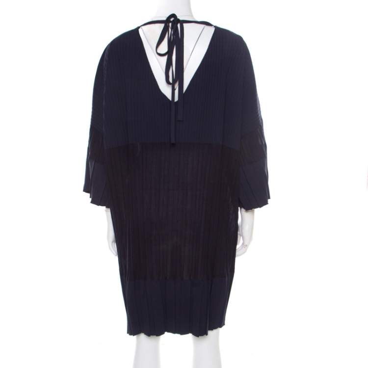 Pre Owned Chanel Navy Blue Knit Back Tie Detail Pleated Oversized Dress M