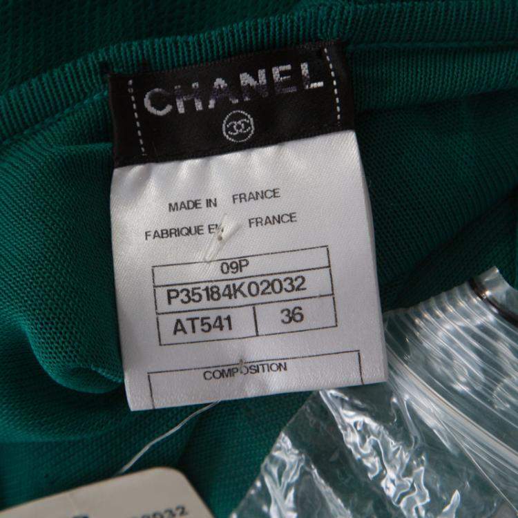 Pre Owned Chanel Emerald Green Perforated Mesh Knit Back Tie Detail Draped Dress S