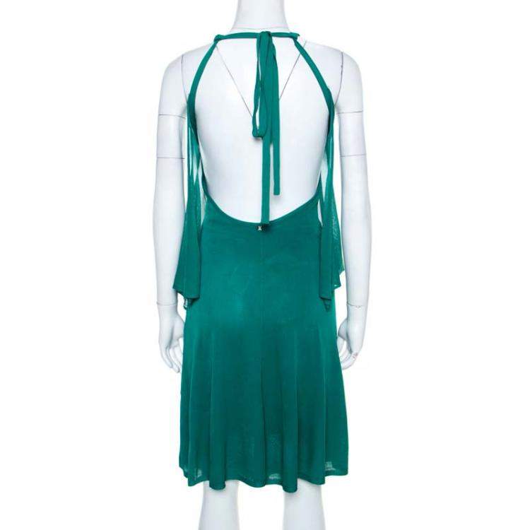 Pre Owned Chanel Emerald Green Perforated Mesh Knit Back Tie Detail Draped Dress S