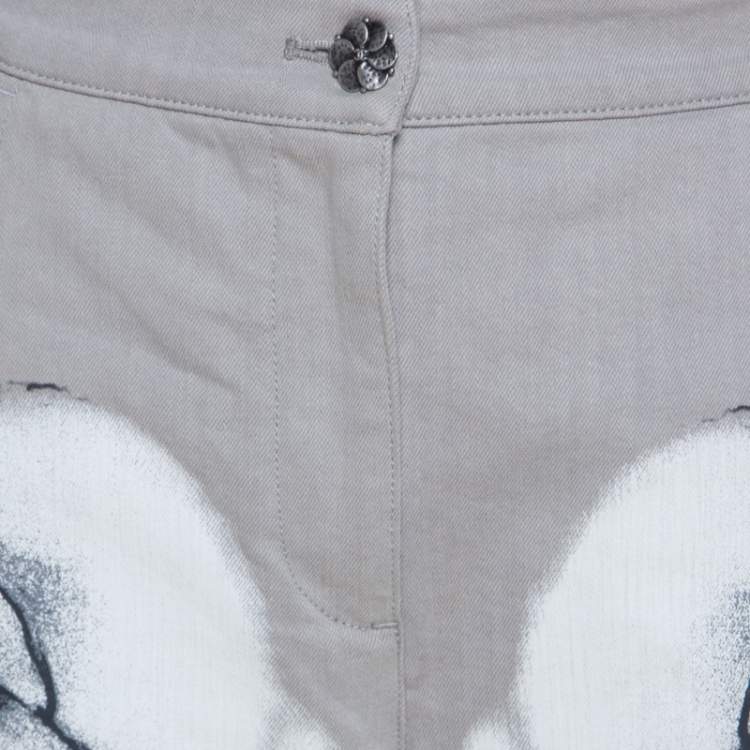 Pre Owned Chanel Grey Camellia Painted Denim High Waist Flared Jeans M 