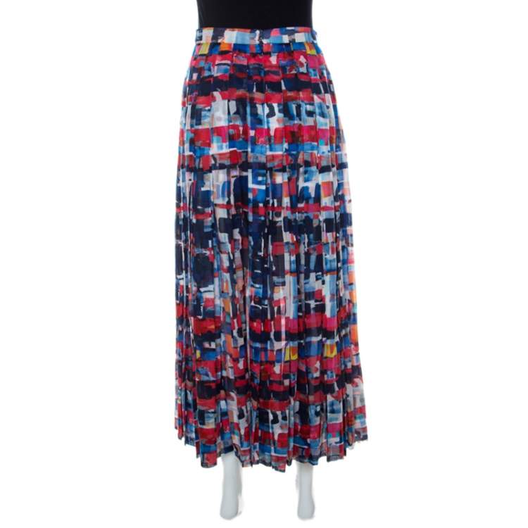 Pre Owned Chanel Multicolor Printed Cotton Pleated Maxi Skirt S