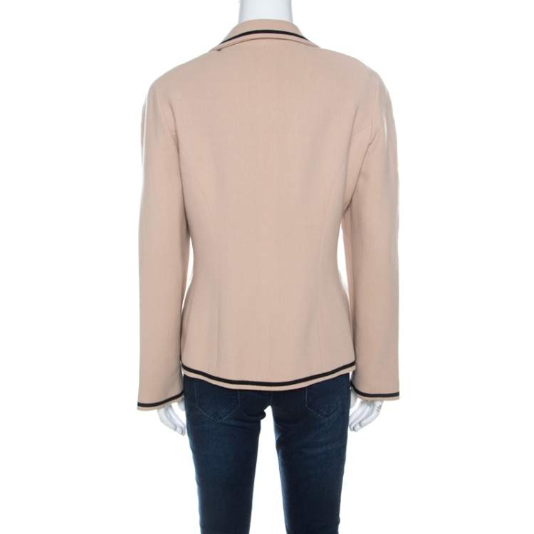 Pre Owned Chanel Boutique Beige Crepe Contrast Trim Single Button Blazer M
