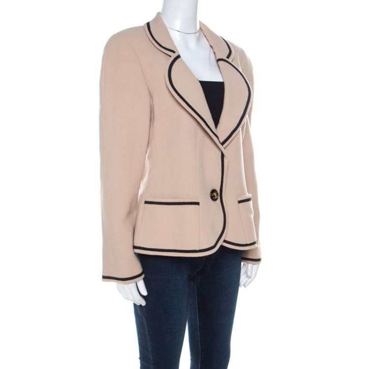 Pre Owned Chanel Boutique Beige Crepe Contrast Trim Single Button Blazer M