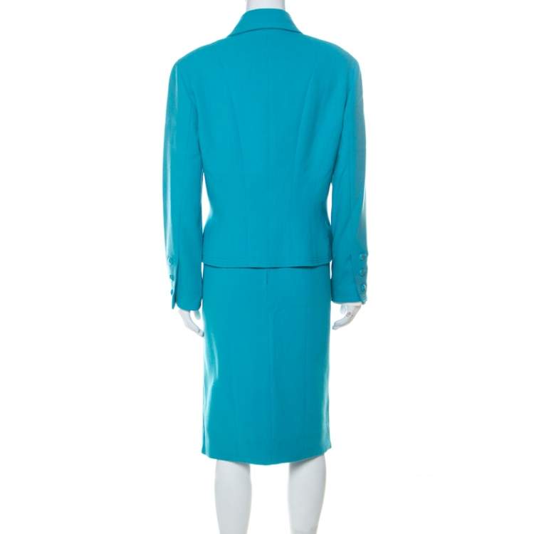 Pre Owned Chanel Boutique Light Blue Crepe Wool Tailored Skirt Suit L