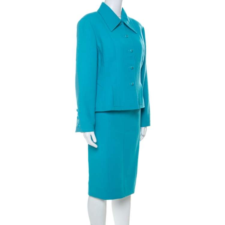 Chanel Boutique Light Blue Crepe Wool Tailored Skirt Suit L Chanel