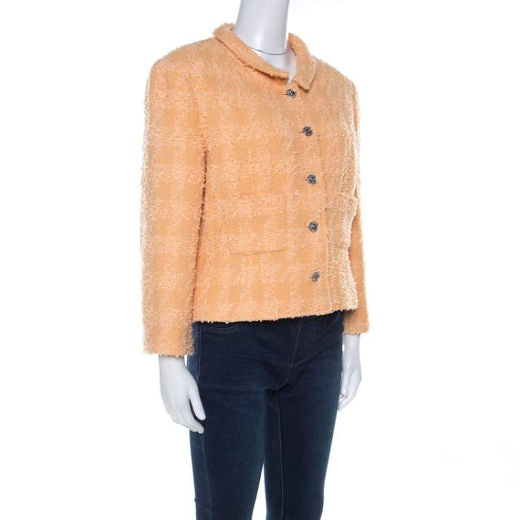Pre Owned Chanel Pale Orange Wool Knobby Knit Silver Button Detail Jacket XL