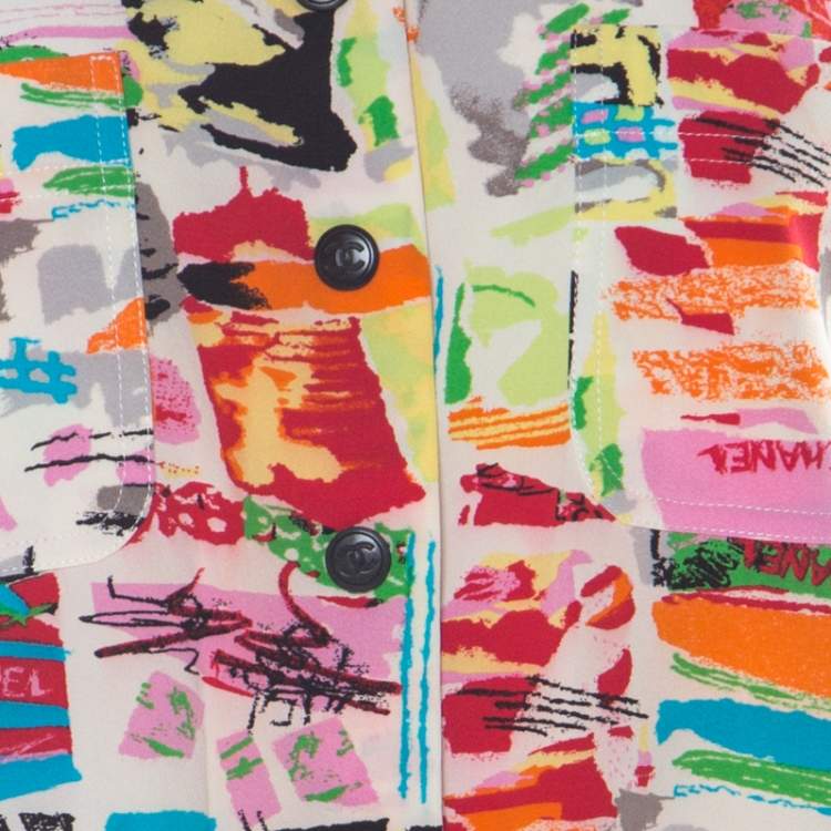Pre Owned Chanel Vintage Multicolor Stretch Silk Crepe Abstract Print Cropped Shirt M