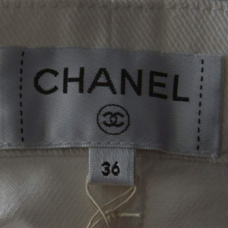 Pre Owned Chanel Off White Denim A Line Knee Length Skirt S