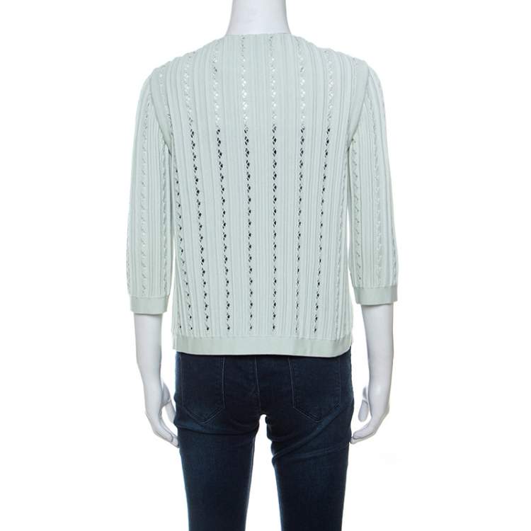 Pre Owned Chanel Mint Green Cotton Blend Perforated Knit Cardigan S