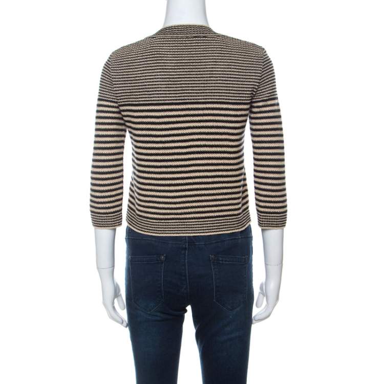 Pre Owned Chanel Black and Beige Striped Pattern Crochet Knit Silk Blend Cardigan S