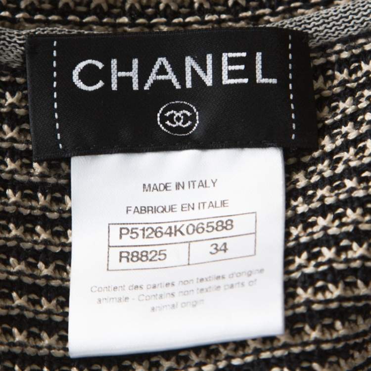 Pre Owned Chanel Black and Beige Striped Pattern Crochet Knit Silk Blend Cardigan S