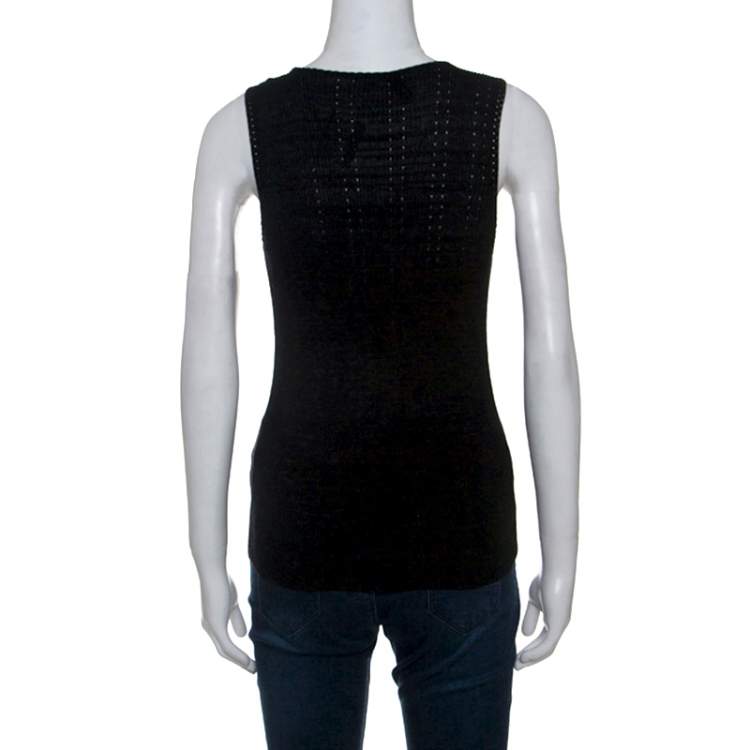 Pre Owned Chanel Black Knit Cotton Blend Crochet Trim Sleeveless Top L