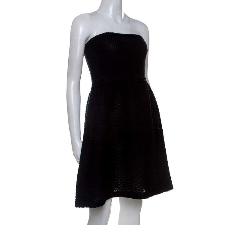 Pre Owned Chanel Black Cotton Blend Fish Scale Pattern Knit Strapless Dress M