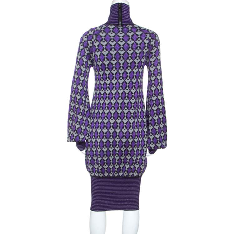 Pre Owned Chanel Purple Lurex Knit Geometric Pattern Sweater Dress S