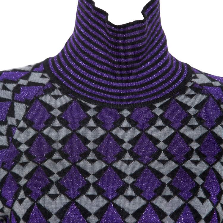 Pre Owned Chanel Purple Lurex Knit Geometric Pattern Sweater Dress S