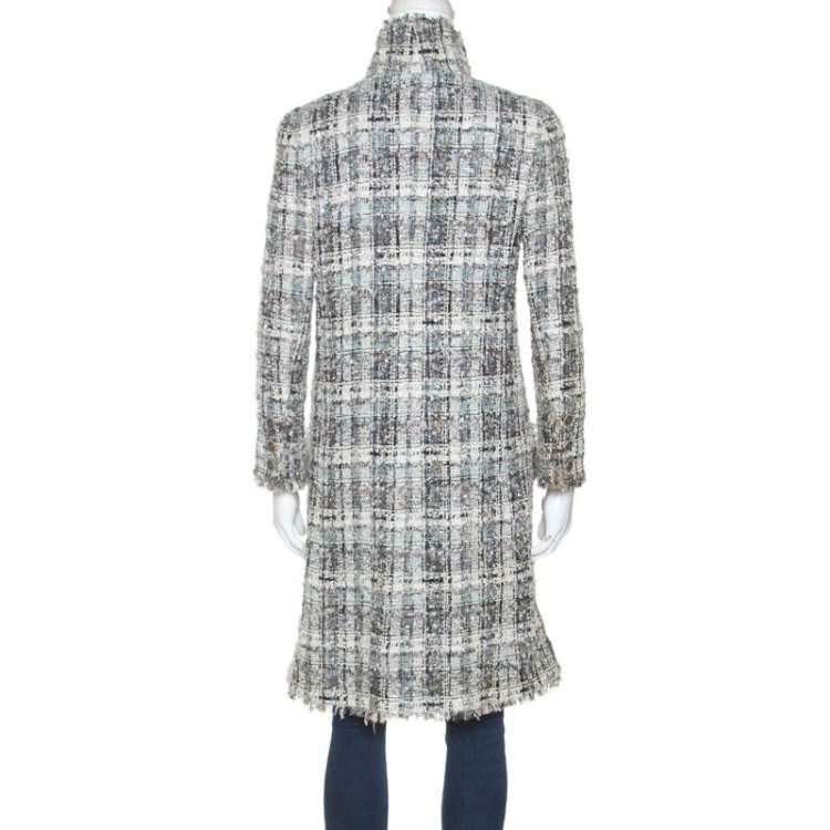 Pre Owned Chanel Grey Silk Blend Tweed Frayed Edge Coat S