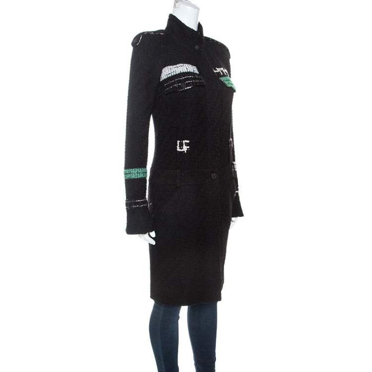 Pre Owned Chanel Black Wool Blend Contrast Tweed Detail Coat M