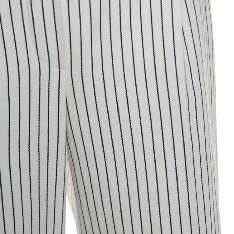 Pre Owned Chanel Off White Striped Cotton Wide Leg Trousers M