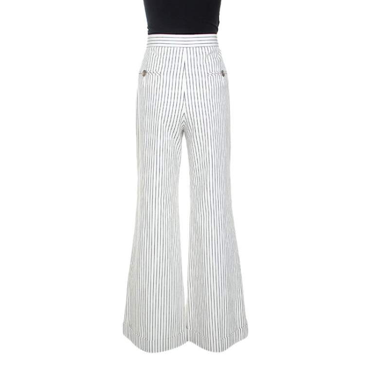 Pre Owned Chanel Off White Striped Cotton Wide Leg Trousers M