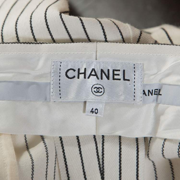 Pre Owned Chanel Off White Striped Cotton Wide Leg Trousers M