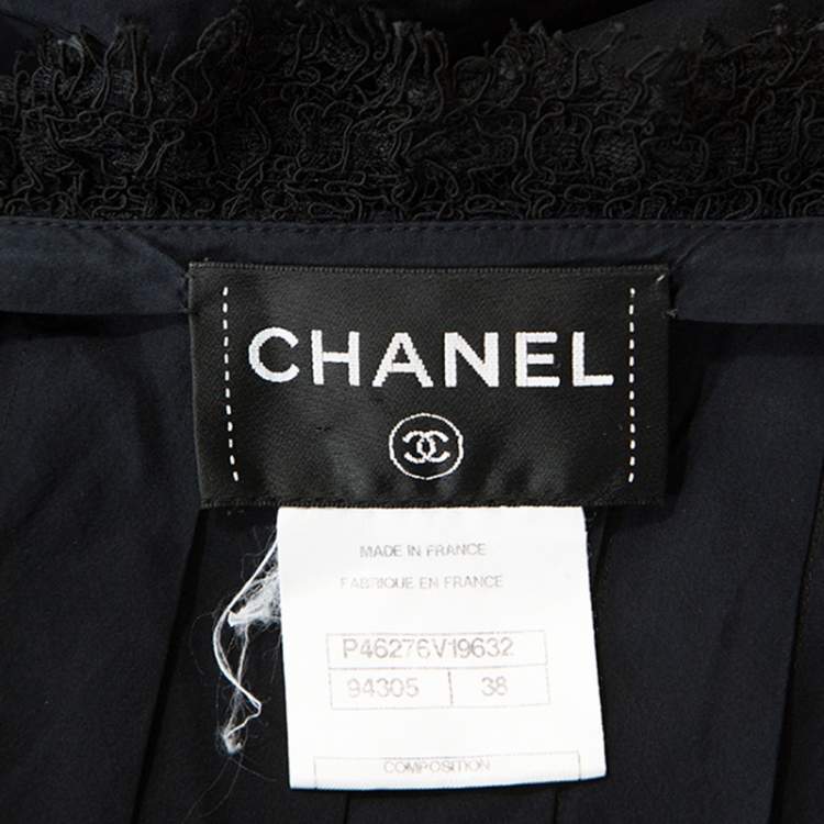 Pre Owned Chanel Black Silk Lace Trim Detail Pleated Dress M