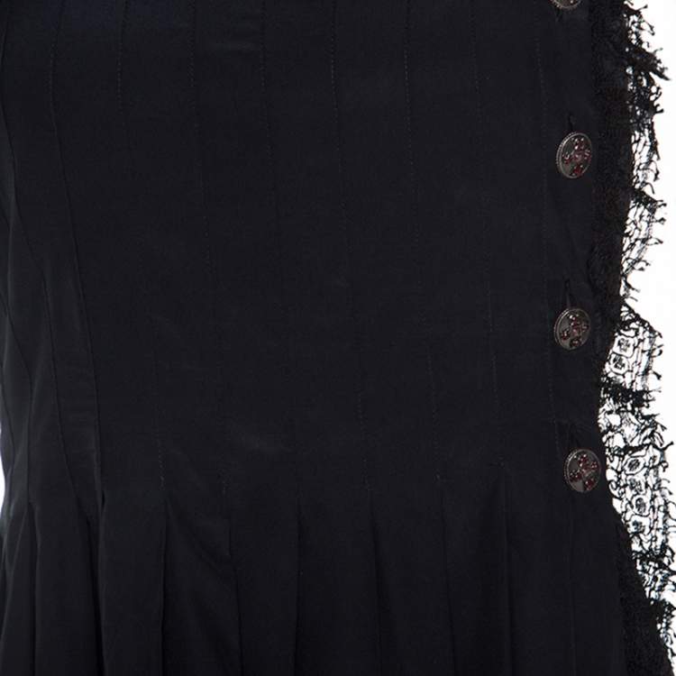 Pre Owned Chanel Black Silk Lace Trim Detail Pleated Dress M