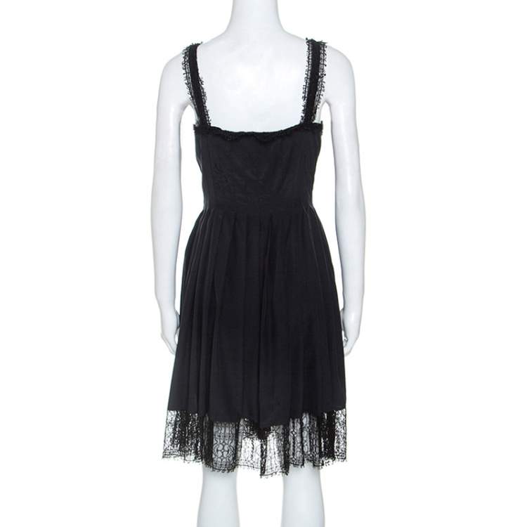 Pre Owned Chanel Black Silk Lace Trim Detail Pleated Dress M