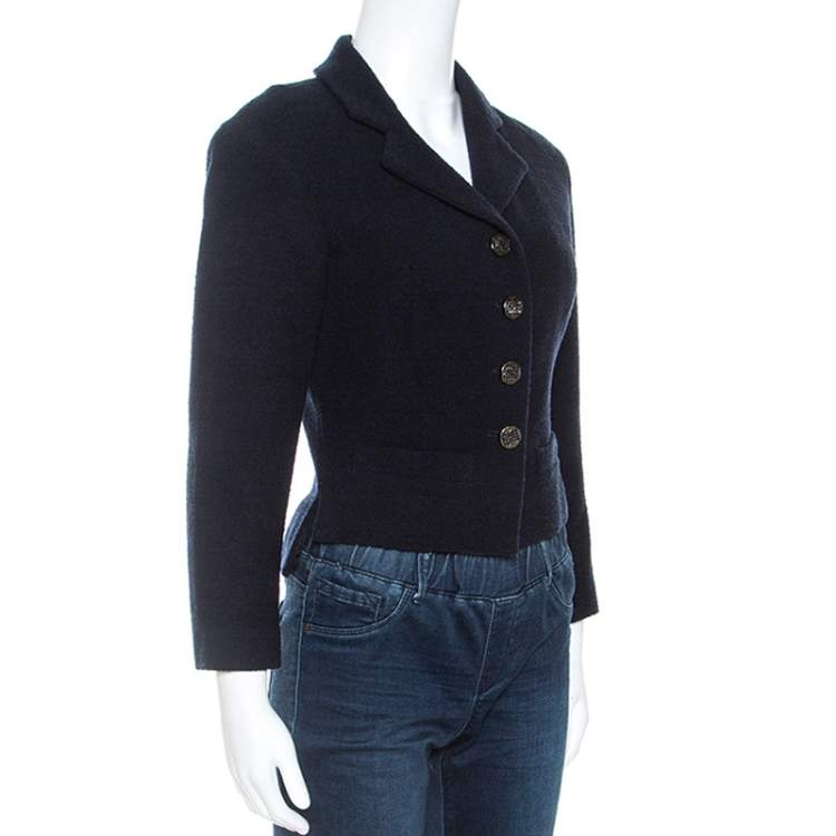 Pre Owned Chanel Navy Blue Boucle Knit Wool Jacket M