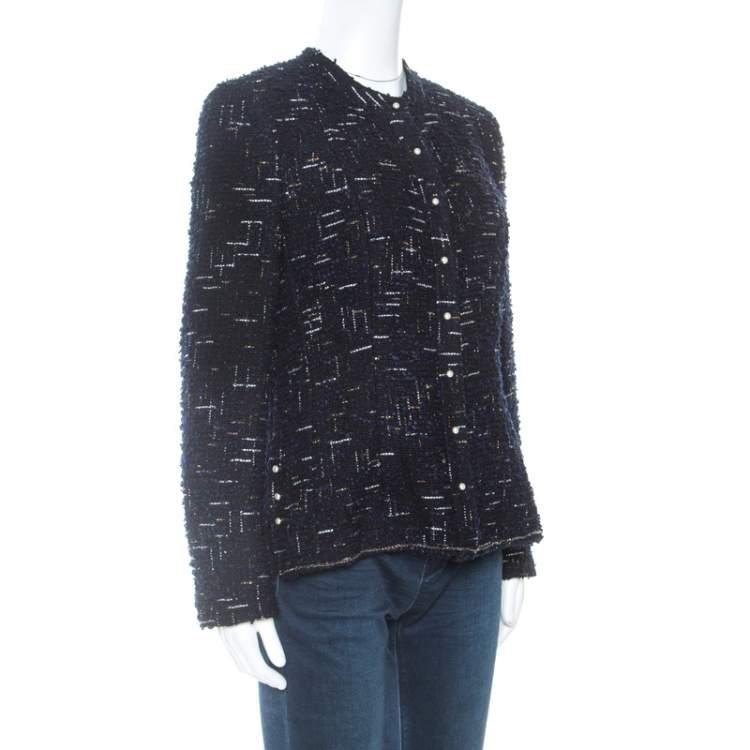 Chanel Navy Blue Metallic Tweed Pearl Embellished Jacket L Chanel